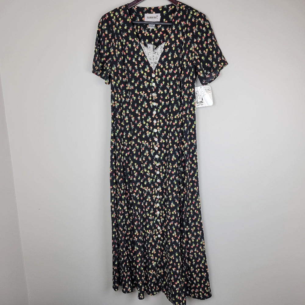 NWT 90's Vintage Maxi Floral Crinkle Rayon V-Neck Dress Lace Buttons …